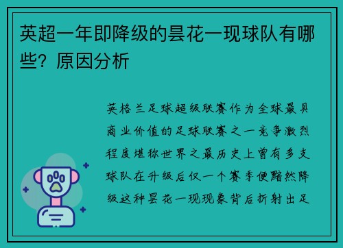 英超一年即降级的昙花一现球队有哪些？原因分析